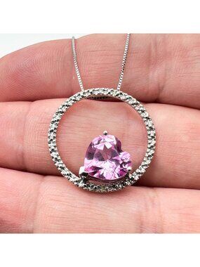 10K White Gold Womens Necklace Pink CZ Heart Circle Pendant 18" Chain 3.7 Grams